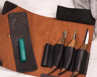 Snijmessenset – Houtsnijset met walnoothouten handvatten en leren etui | Cadeau voor houtsnijders Beavercraft S15X