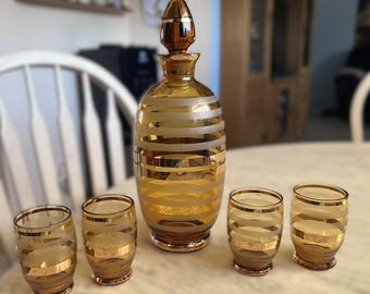 Vintage MCM Amber Striped Glass Decanter w/Stopper & 4 Small Glasses EUC - READ!