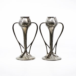 1903 Pair of English Art Nouveau Unpolished Pewter Tulip Vases by Oliver Baker for Liberty & Co.