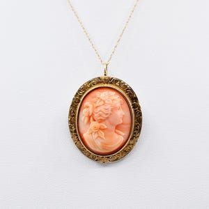 Late Victorian Relief Carved 14K Yellow Gold and Coral Cameo Pendant Brooch