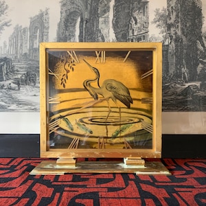1930s French Art Deco Hour Lavigne Gilt Bronze Mantel Clock with Hand Painted Face featuring Cranes and Carp