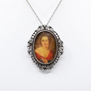 19th Century Italian 800 Silver Filigree Hand Painted Miniature Portrait Pendant Brooch