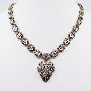Vintage Floral Shaped Indian Sterling Silver Drop Pendant Necklace with Polki and Pave Diamonds