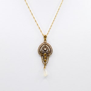 Antique Edwardian Art Nouveau 10K Gold Open Work Pendant with Seed Pearls and Drop Natural Pearl