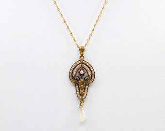 Antique Edwardian Art Nouveau 10K Gold Open Work Pendant with Seed Pearls and Drop Natural Pearl
