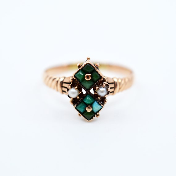 Victorian Turquoise and Seed Pearl 10K Gold Ring - image 2