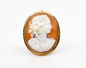 May include: A gold cameo brooch with a detailed carving of a woman's profile. The cameo is set in a gold oval frame with a decorative border.