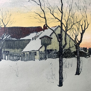 May include: A black and white illustration of a snow-covered house with bare trees in the foreground. The house has a red roof and a small window. The trees are silhouetted against a light yellow sky.