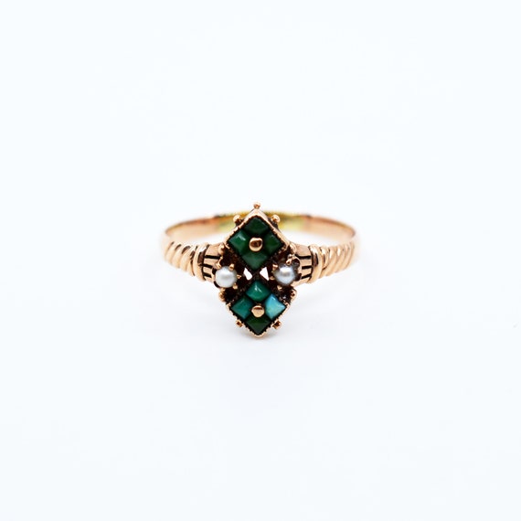 Victorian Turquoise and Seed Pearl 10K Gold Ring - image 1