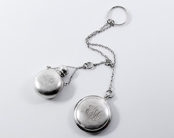 19th Century Foster & Bailey Sterling Silver Monogrammed Chatelaine Perfume Bottle and Mirrored Compact