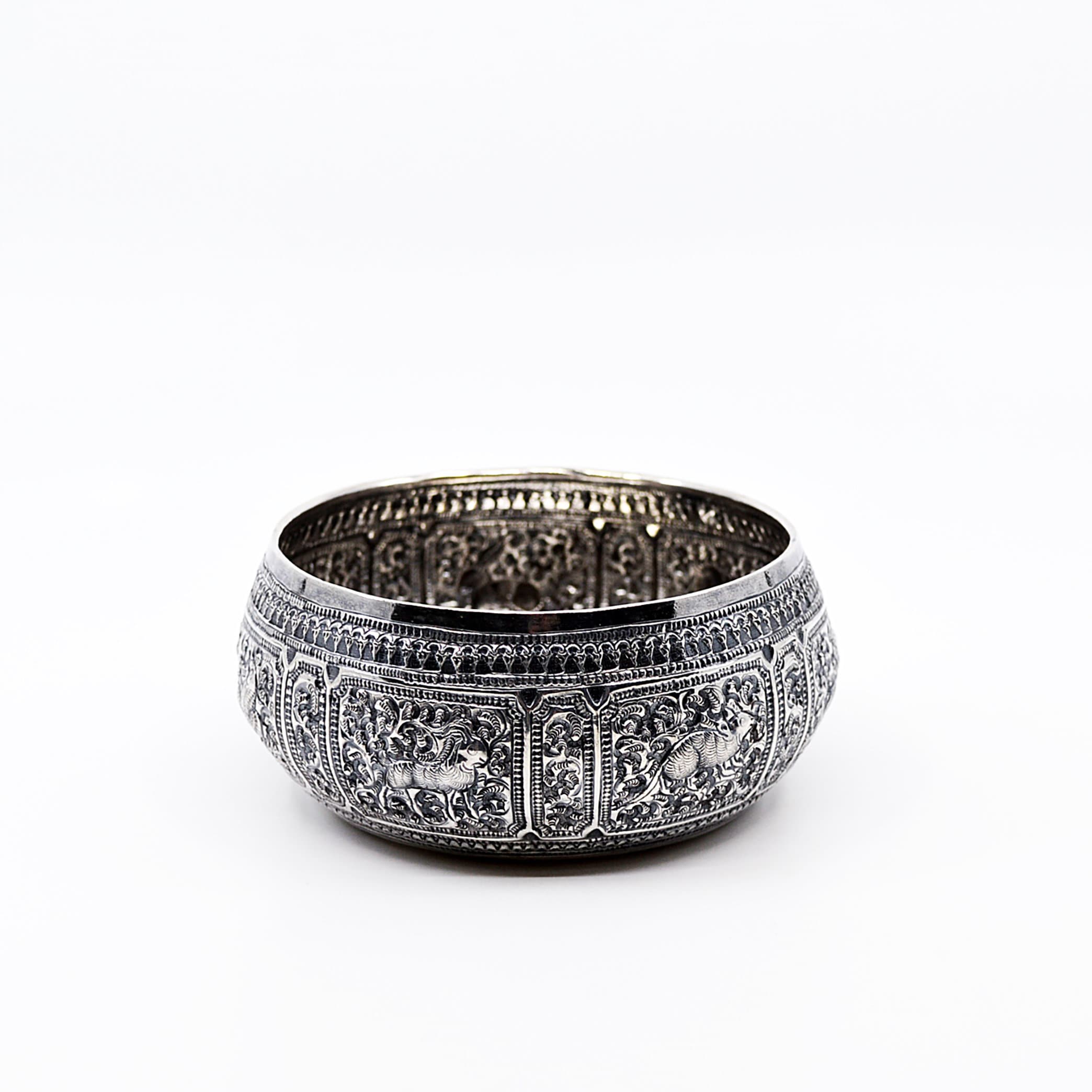Early 20th Century Burmese Zodiac Sterling Silver Repoussé Offering Bowl
