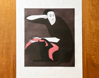 1982 Will Barnet (1911-2012) Etching and Aquatint, “Woman & Cat Play,” 46/62