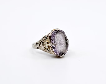 Art Deco Carved Amethyst Intaglio Cameo 14K White Gold Ring