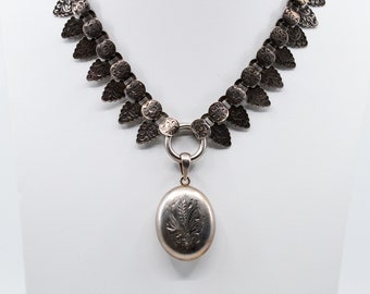 Antique Victorian Sterling Engraved Book Chain Collar with Engraved Sterling Beveled Glass Glass Locket