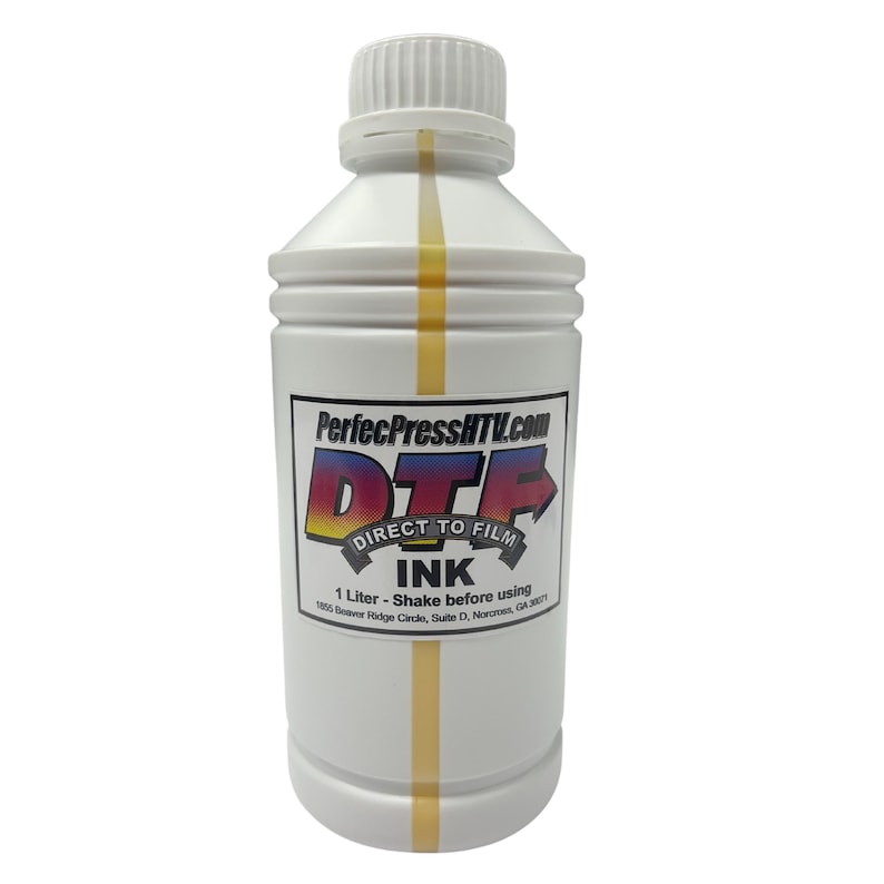 May include: A white plastic bottle of DTF ink with a yellow stripe down the side. The bottle is labelled "PerfecPressHTV.com" and "Direct to Film Ink". The label also states "1 Litre - Shake before using".
