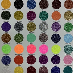 May include: A chart of 36 different colors of glitter, each color is represented by a small circle of glitter. The colors include athletic yellow, black, blue, brown, burgundy, copper, dark green, dark gold, deep pink, emerald, Georgia peach, gold, grape, grey, holo gold, holo silver, lavender, light copper, light green, mint, multi, navy, neon blue, neon green, neon orange, neon peach, neon pink, neon yellow, ocean blue, old blue, orange, pink, plum, purple, rainbow pink, rainbow white, rainbow yellow, red, rose gold, royal blue, sea green, silver, sky blue, teal, turquoise, and white.