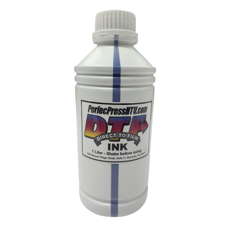 May include: A white plastic bottle with a blue stripe down the side. The bottle is labelled with the text "PerfecPressHTI.com", "DTG", "DIRECT TO FILM", "INK", "1 Litre - Shake before using", and "1500 Beaver Ridge Circle, Suite D, Norcross, GA 30071".