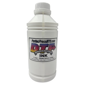May include: A white plastic bottle of DTF ink for direct to film printing. The bottle is labelled with the text "PerfecPressHTV.com", "DTG", "DIRECT TO FILM", "INK", "1 Litre - Shake before using", and "1155 Beaver Ridge Circle, Suite D, Norcross, GA 30071".