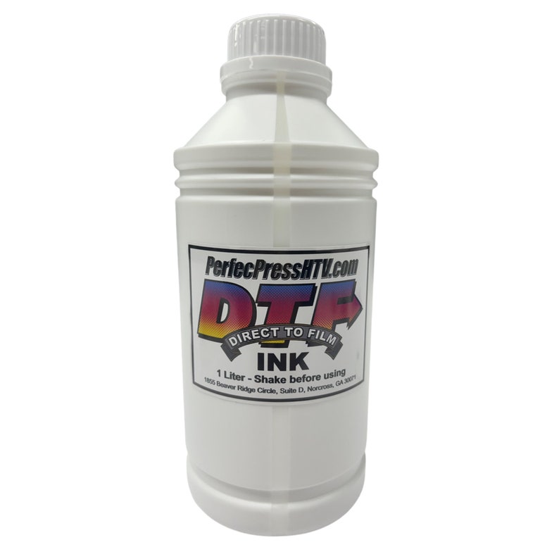 May include: A white plastic bottle of DTF ink for direct to film printing. The bottle is labelled with the text "PerfecPressHTV.com", "DTG", "DIRECT TO FILM", "INK", "1 Litre - Shake before using", and "1155 Beaver Ridge Circle, Suite D, Norcross, GA 30071".
