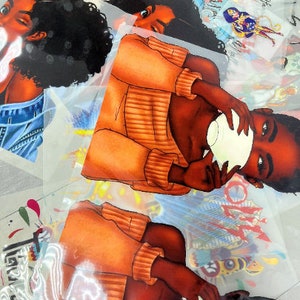 May include: A digital illustration of a woman with brown skin and curly black hair. She is wearing a peach-colored sweater and is holding a white mug. The background is a colorful abstract design.