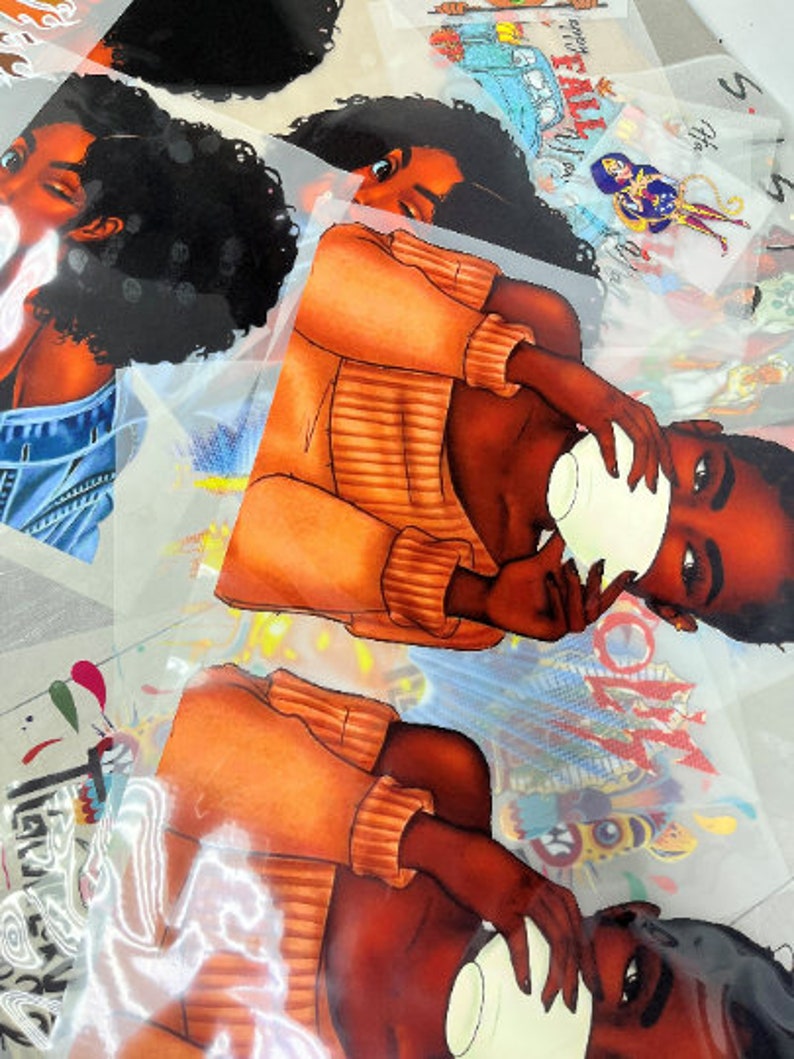 May include: A digital illustration of a woman with brown skin and curly black hair. She is wearing a peach-colored sweater and is holding a white mug. The background is a colorful abstract design.