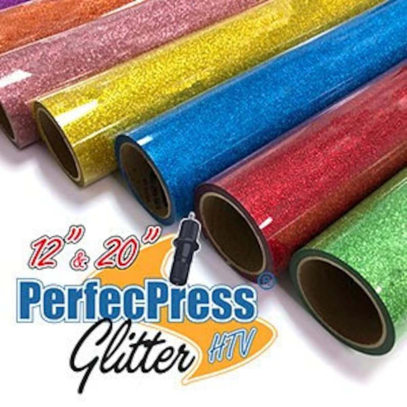 May include: Assortment of rolls of glitter heat transfer vinyl (HTV) in various colors, including red, green, blue, gold, pink, and orange. The rolls are 12 inches and 20 inches wide and feature the brand name "PerfecPress Glitter HTV".