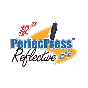 May include: A yellow and blue logo with the text "PerfecPress" and "Reflective HTV" in a stylized font. The logo also includes a 12 inch measurement and a graphic of a heat press tool.
