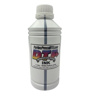 May include: A white plastic bottle of DTF ink with a black and grey label. The label reads "PerfecPressHTV.com DTF DIRECT TO FILM INK 1 Litre - Shake before using".