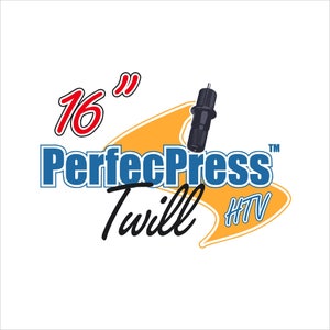May include: A yellow and blue logo with the text "16" in red, "PerfecPress" in blue, "Twill" in black, and "HTV" in yellow. The logo also features a black and silver heat press tool.
