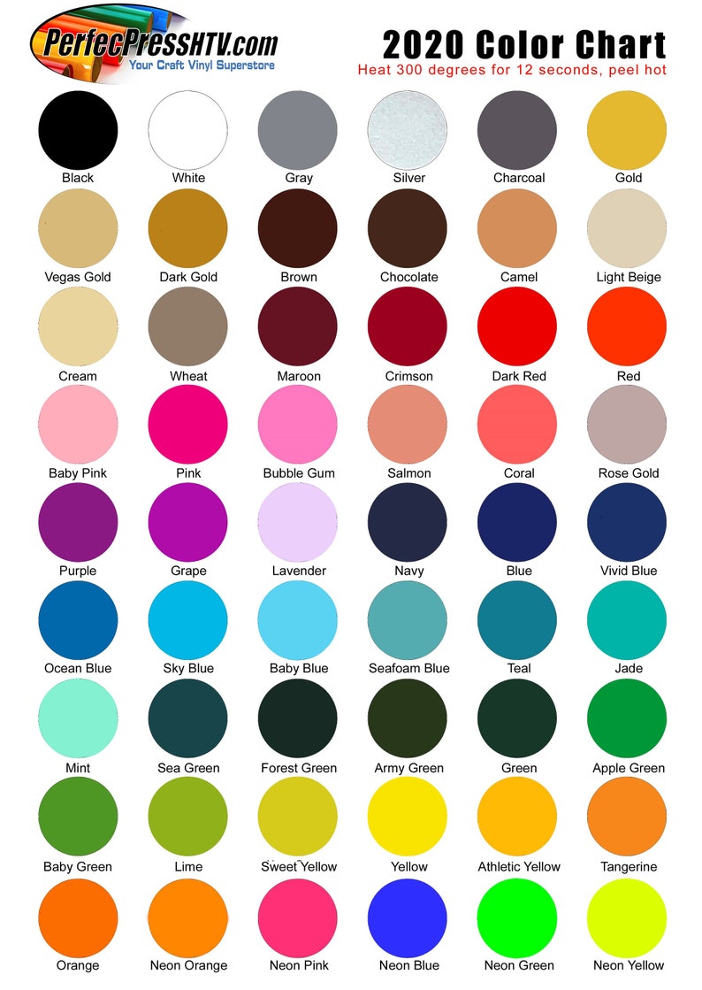 May include: Color chart with 36 different colored circles, each labeled with a color name. The chart is titled "2020 Color Chart" and includes instructions to "Heat 300 degrees for 12 seconds, peel hot".