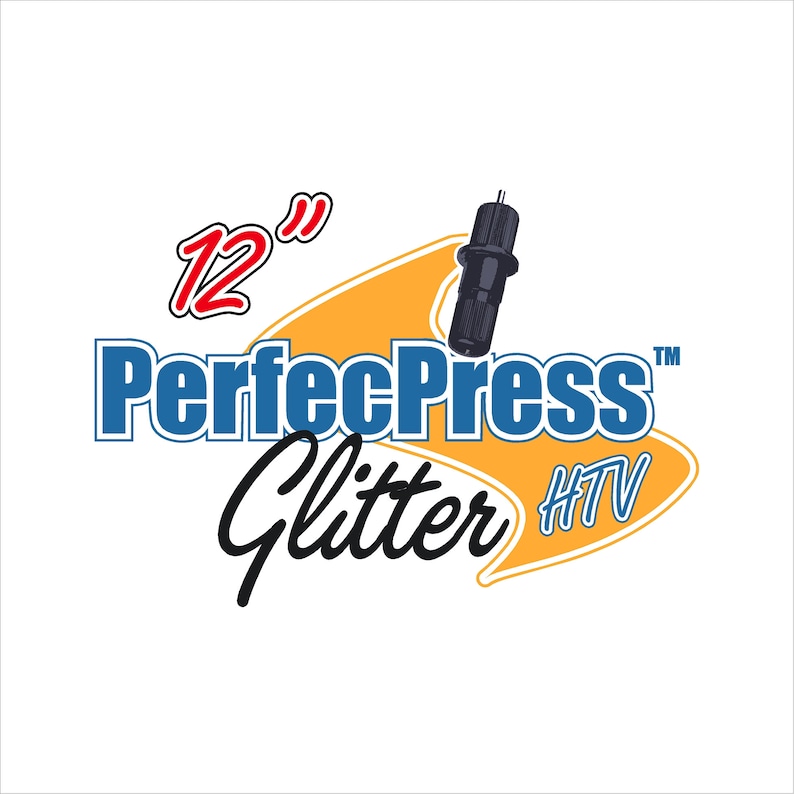 May include: A 12-inch roll of PerfecPress Glitter HTV, a heat transfer vinyl for crafting projects. The roll is orange and yellow with a blue and white logo and a black and gray illustration of a cutting tool.