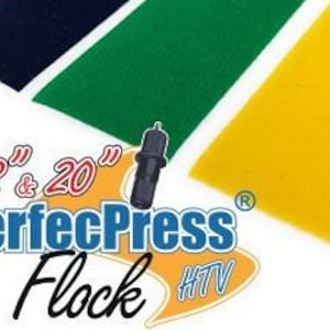 May include: Close-up of colorful PerfectPress Flock HTV sheets in blue, green, and yellow. The image includes text indicating 12" and 20" sizes. A black tool is also visible. The material appears to be soft and textured.