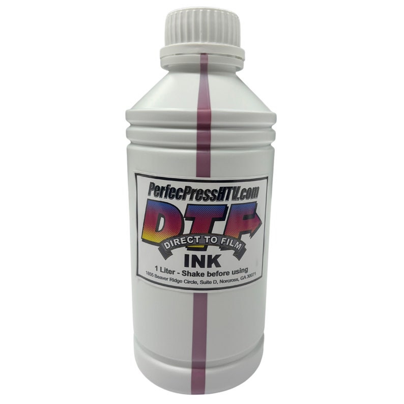 May include: A white plastic bottle with a pink stripe and a label that says "PerfecPressHTIL.com DTF DIRECT TO FILM INK 1 Litre - Shake before using 1805 Beaver Ridge Circle, Suite D, Norcross, GA 30071"
