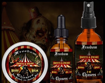 3 Pack - Freedom Chasers Sweets and Freaks Beard Balm, Oil and Aroma Spray - Organic and Natural