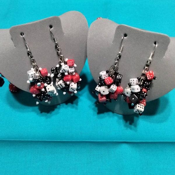 Cluster Dice earrings. Red Black White dice. Cluster drip earring set