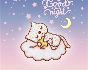 White Cat Sleeping on Fluffy Cloud Embroidered Stick On Patch | Iron On Applique | Sew On Patch