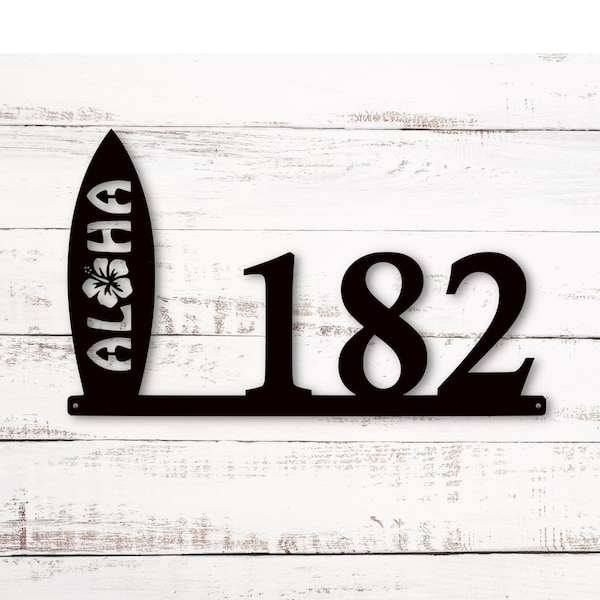 Aloha Surfboard Address Sign | Personalized Metal House Numbers Sign | Hawaii Beach House Decor | Customizable Housewarming Gift