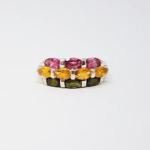 Multistone Mother&#39;s Ring Size 6/Sterling Silver/Genuine Pink Garnet, Citrine, Peridot/Vintage Ring For Women/Cluster Ring/Birthstone Ring