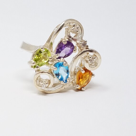 Three-stone Teardrop Amethyst Ring Swirl Scroll Design Sterling Silver Three-stone Teardrop Amethyst Ring Swirl Scroll Design Sterling Silver