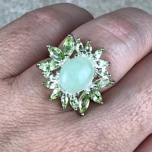 Green Jade Cabochon and Peridot Ring Size 6/Sterling Silver/Genuine Jade & Peridot/Total 2.2ct/Jade Ring For Women/Milky Green Jade/Vintage