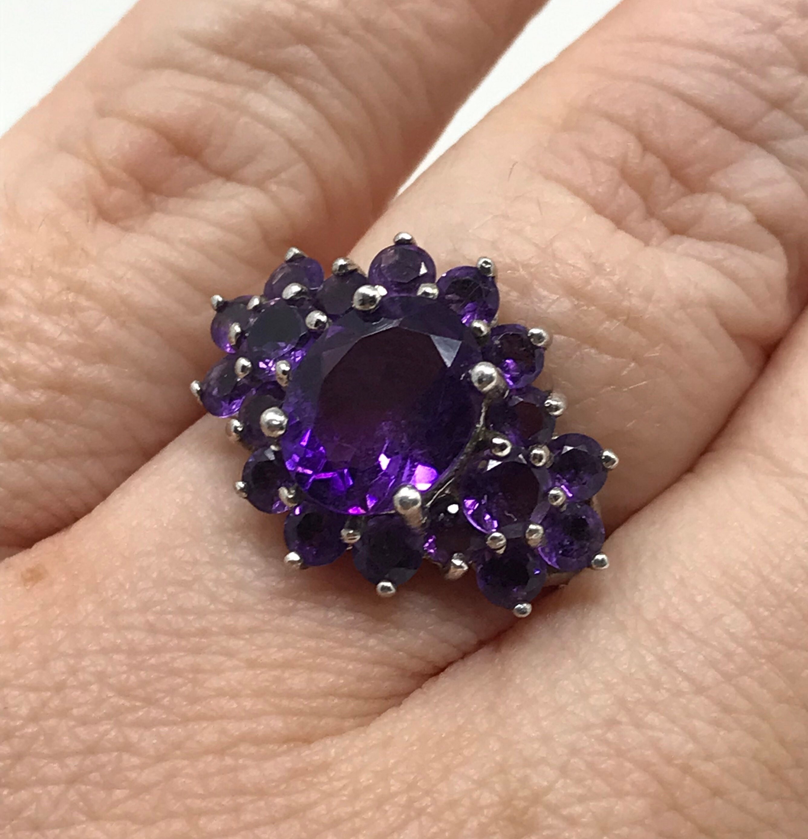 Sterling Silver Multi Color Green Purple Amethyst Citrine Cluster Cocktail Ring 