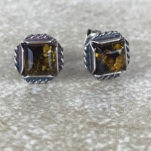 Amber Stud Earrings/Sterling Silver 925/Genuine Amber/Warm Orange Color/Square Cut/Vintage Estate/Pierced Amber Earrings