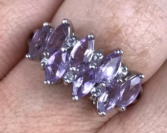 Amethyst Ring Size 7 1/2 Sterling Silver/CZ Accents/Total 1ct/ Marquise Cut/Designer Signed/Beautiful Color/Vintage Estate