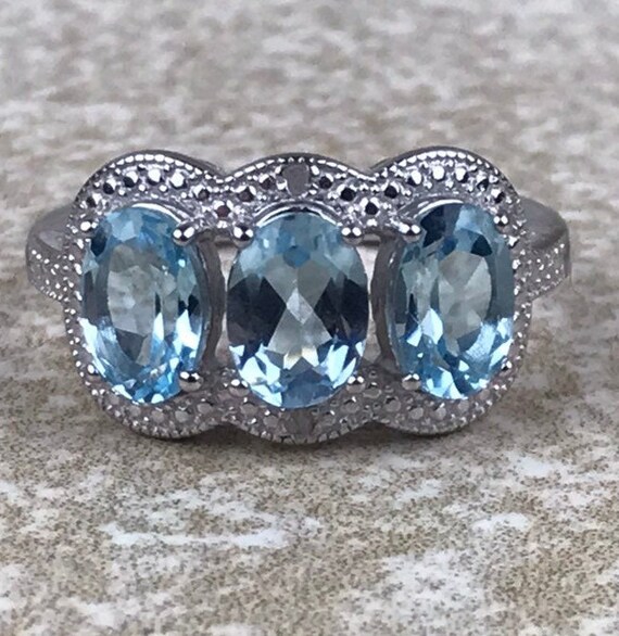 Swiss Blue Topaz and Diamond Ring Size 7/Genuine … - image 2