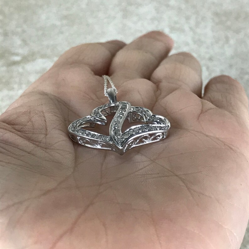 Diamond Heart Pendant NecklaceSterling SilverTotal .33ctGenuine DiamondVintage DiamondDiamond Necklace For WomenTwin Heart
