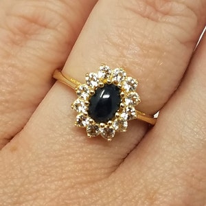 Sapphire Cabochon Ring Size 7 1/4 Gold Vermeil Sterling Silver/White Topaz Halo/Genuine Gemstones/Vintage Estate