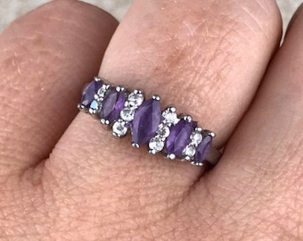 Amethyst Band Ring Size 7 1/2 Sterling Silver/CZ Accents/Total 1ct/ Marquise Cut/Beautiful Color/Vintage Estate