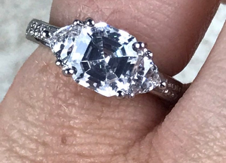 Cubic Zirconia Engagement Ring Size 5Sterling Silver 925Total 1.75ct Asscher /& Trillion CutVintage EstateVintage CZ Wedding Ring
