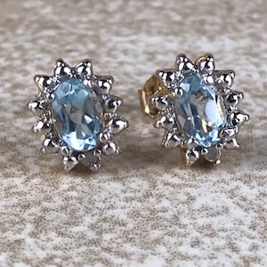 Pendientes de topacio azul y diamantes/1ct Total Oval Cut/18K Gold Vermeil Sterling Silver/Genuine Gemstones/Icy Blue Color/Vintage Estate