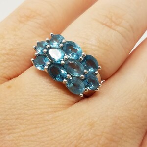 Blue Topaz Cluster Ring Size 7/Sterling Silver/3.5ct Genuine Topaz/Oval Cut/Multi Stone/Vintage Ring For Woman/Wide Topaz Ring/Blue Gemstone